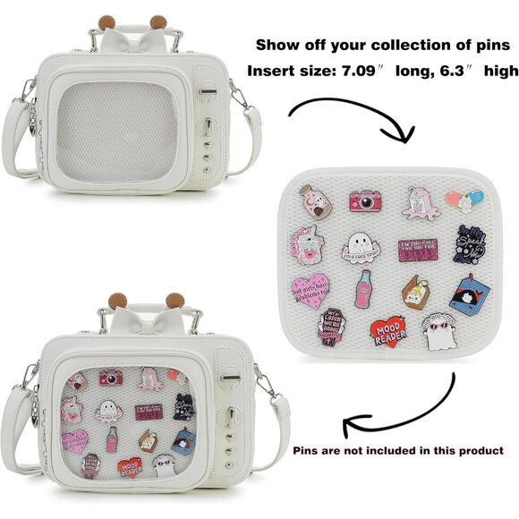Retro TV Shaped Ita Backpack with Pin Display and Inserts White Crossbody Purse - Picture 4 of 9